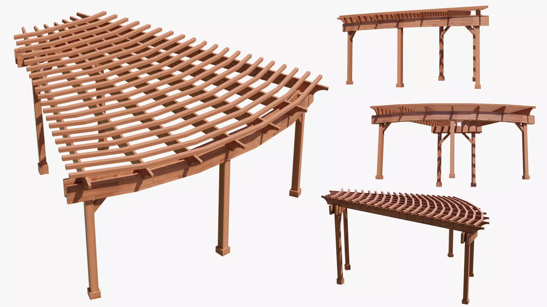 Curved Timber Pergola Pavilion Low-poly 3D model_1