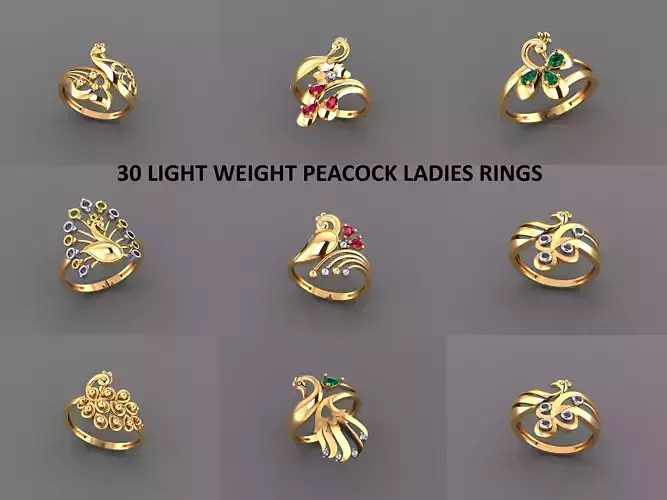 30 LIGHT WEIGHT PEACOCK LADIES RINGS 3DM STL