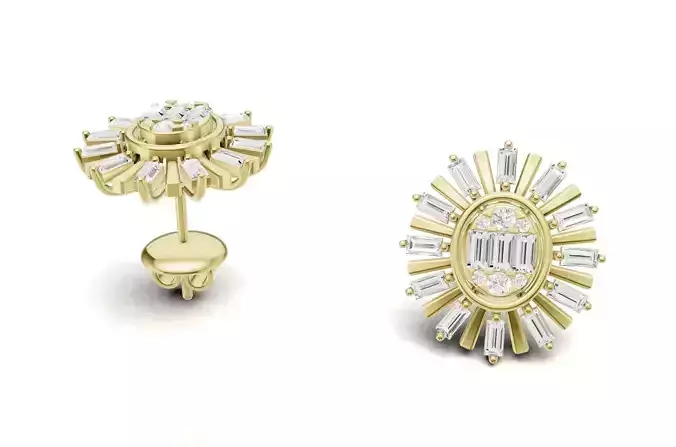 Oval Sunburst Baguette Diamond Stud Earrings