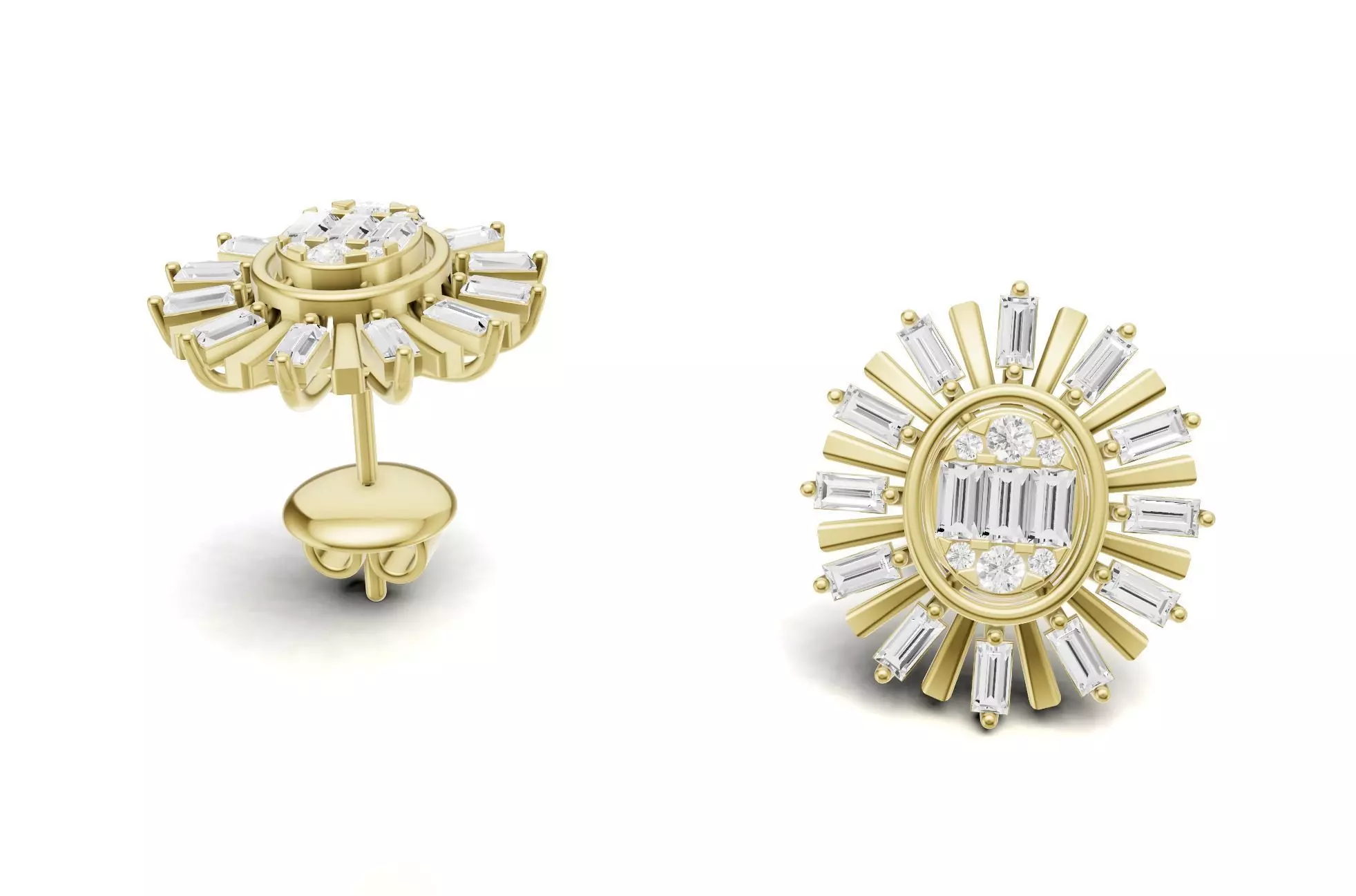 Oval Sunburst Baguette Diamond Stud Earrings 3D print model