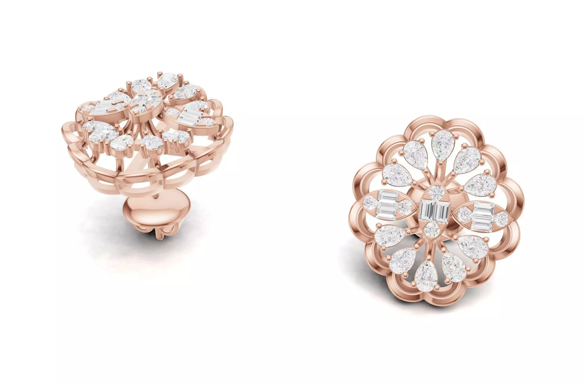 Cluster Diamond Stud Earrings With Pear and Baguette Style 3D print model