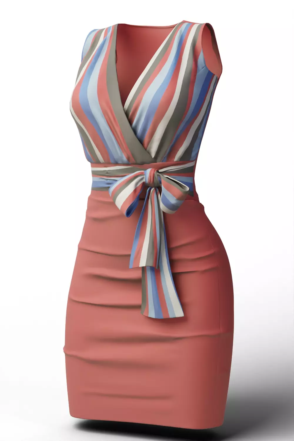 Bowknot Belt Pencil Skirt Sleeveless Wrap Dress 3D model_1