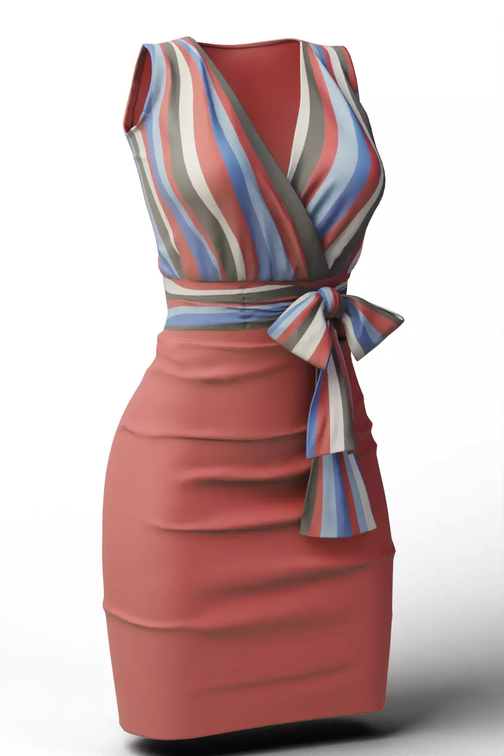 Bowknot Belt Pencil Skirt Sleeveless Wrap Dress 3D model_2