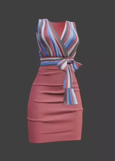 Bowknot Belt Pencil Skirt Sleeveless Wrap Dress 3D model_7