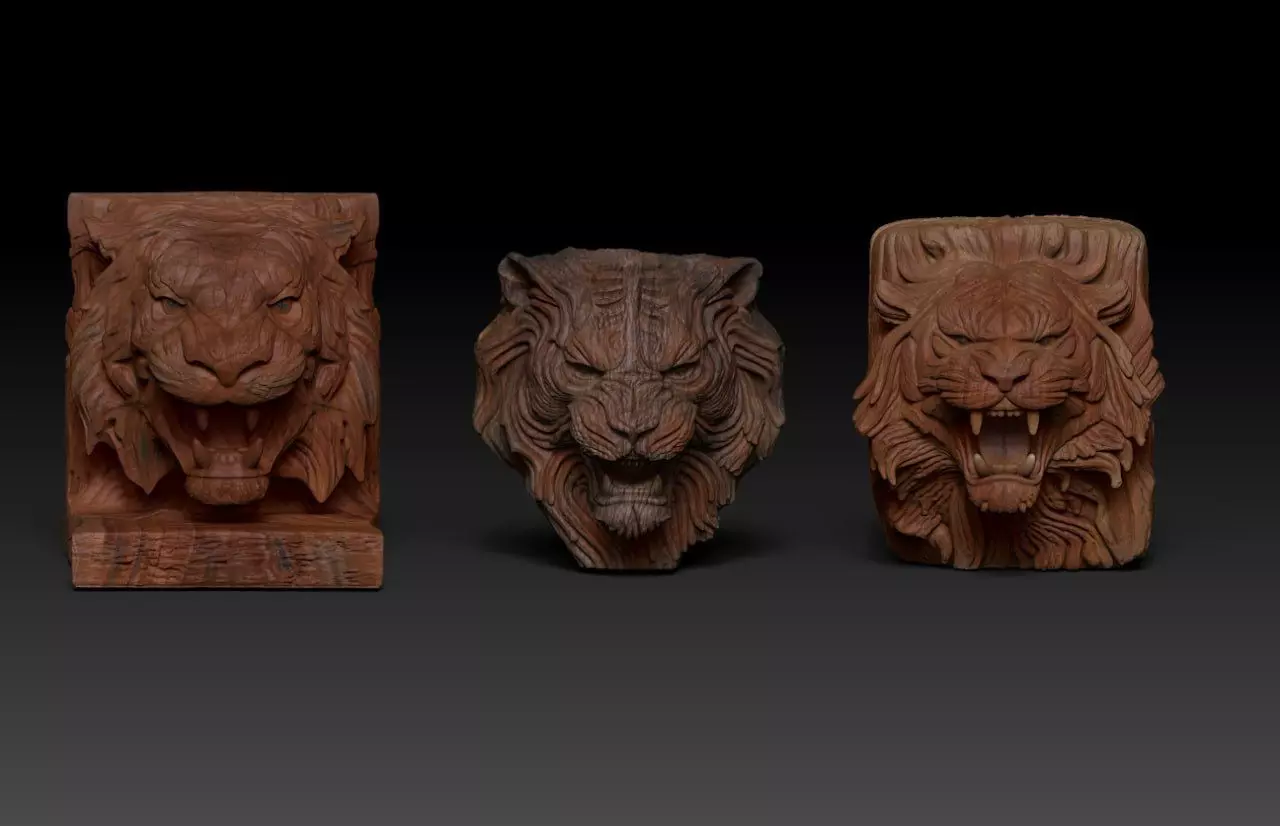 Wood Carving Tiger Statue Pack  M74 3D print model_0
