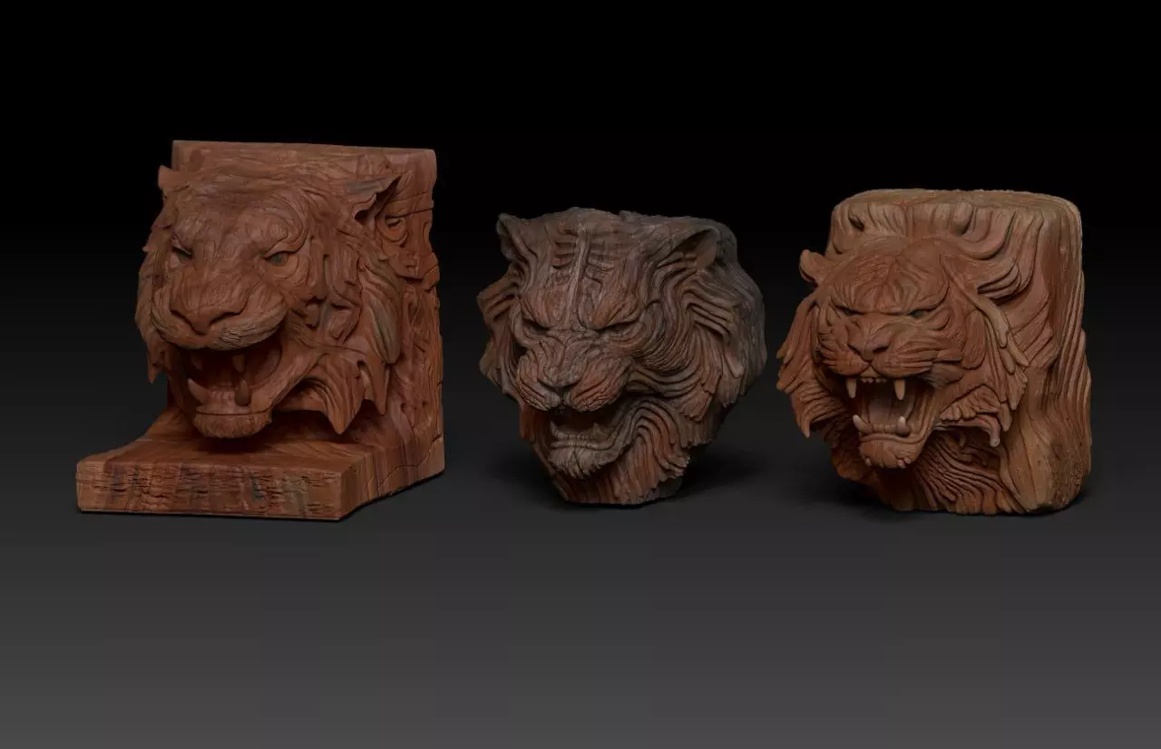  Wood Carving Tiger Statue Pack  M74 3D print model_2