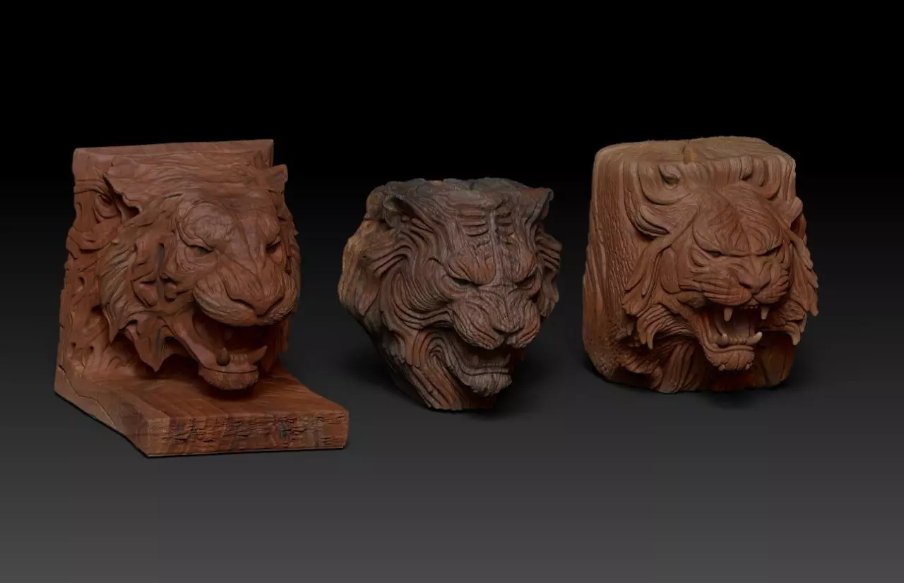  Wood Carving Tiger Statue Pack  M74 3D print model_1