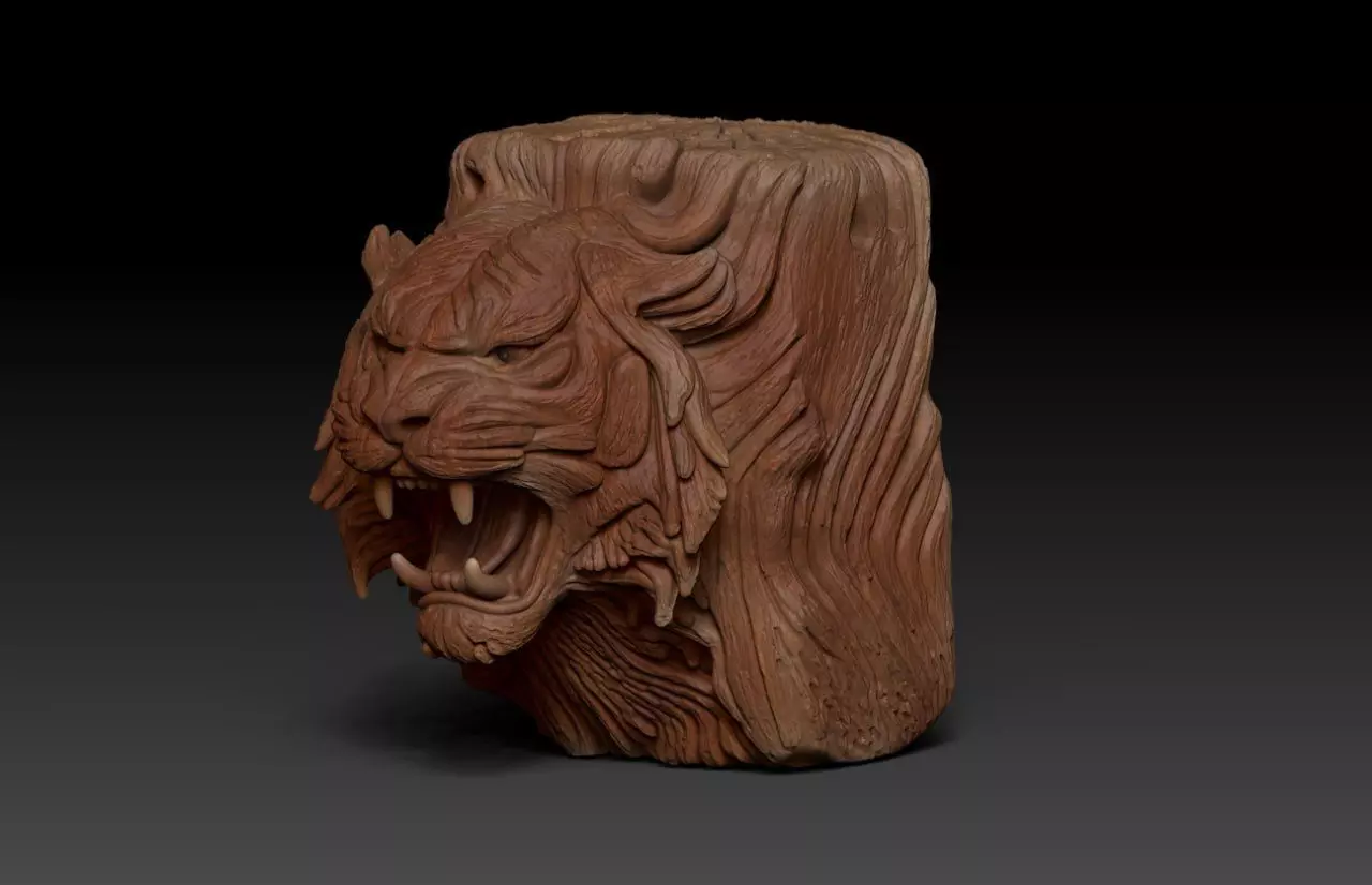  Wood Carving Tiger Statue Pack  M74 3D print model_5
