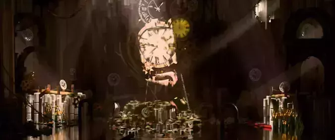 Liminal Water and Clock Scene in Cave