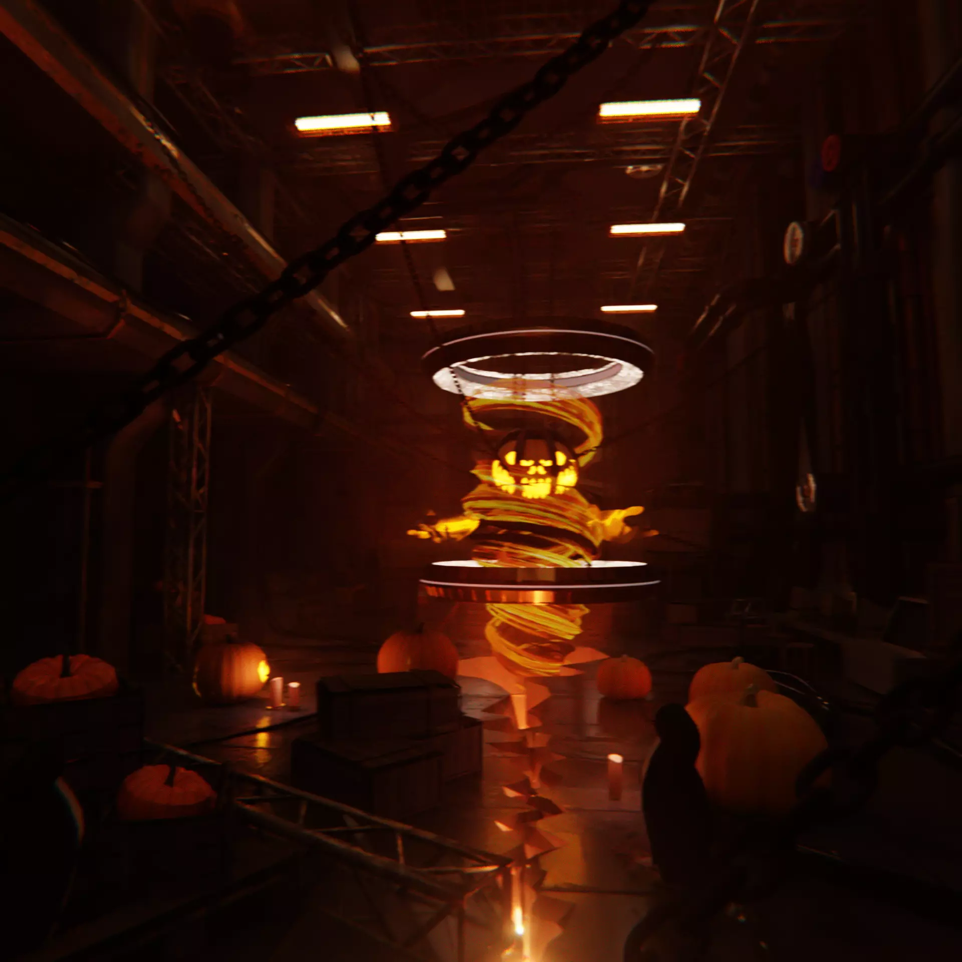 Spooky Halloween Factory Scene with Pumpkins and Penguins Free 3D model