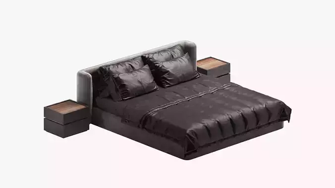 Grey bed with black silk linens 