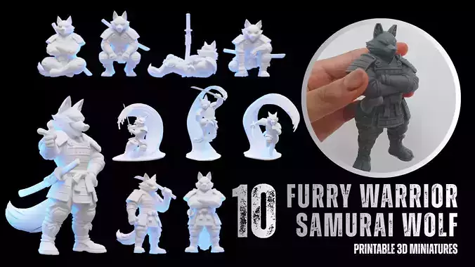 10 Printable 3D Miniatures FURRY WARRIOR SAMURAI WOLF RONIN STL