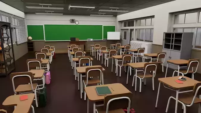School Classroom Interior with Hallway