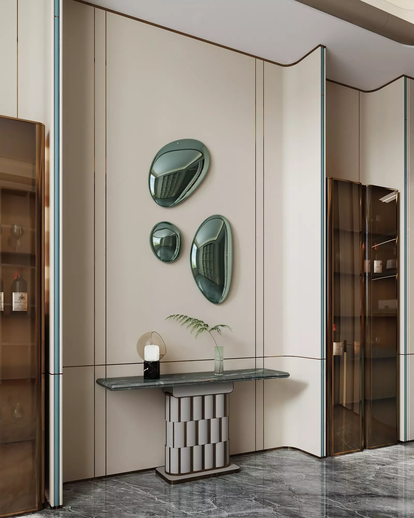 Luxury Foyer with Irregular Mirrors and Marble Console Table 3D model_0