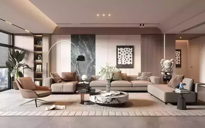 Modern Luxury Living Room with Modular Sofa and Artistic Details