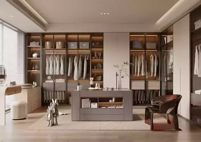 Modern Luxury Walk-In Closet with Integrated Vanity and Seating