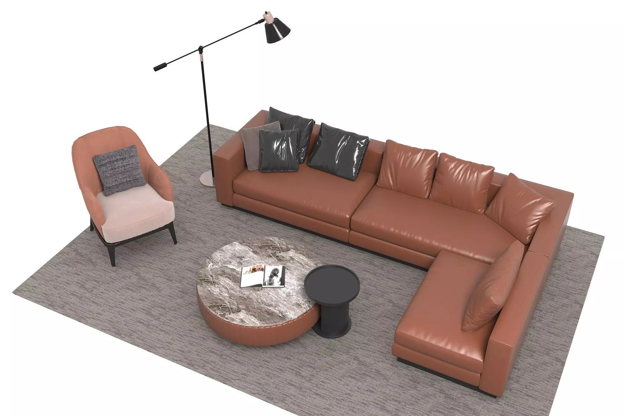 Leather sofa set 3D model_2