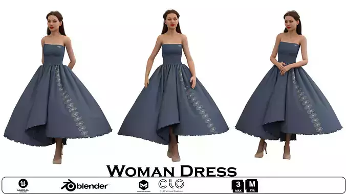 Woman Dress - Strapless Blue Dress with Embroidered Detail