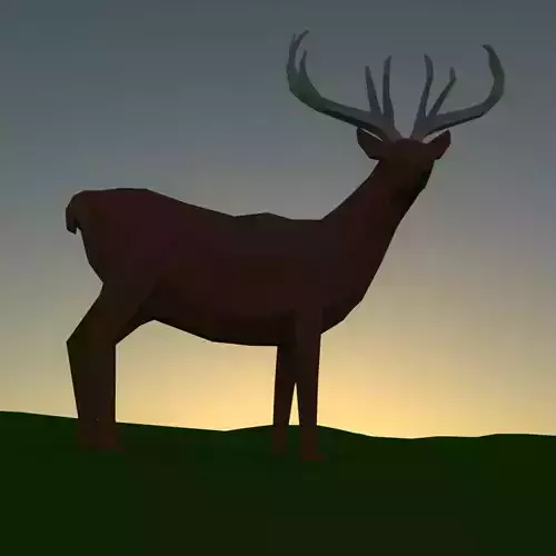Deer low poly on grassy field at sunset