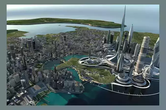 Futuristic Coastal City 3D Model Low-poly 3D model