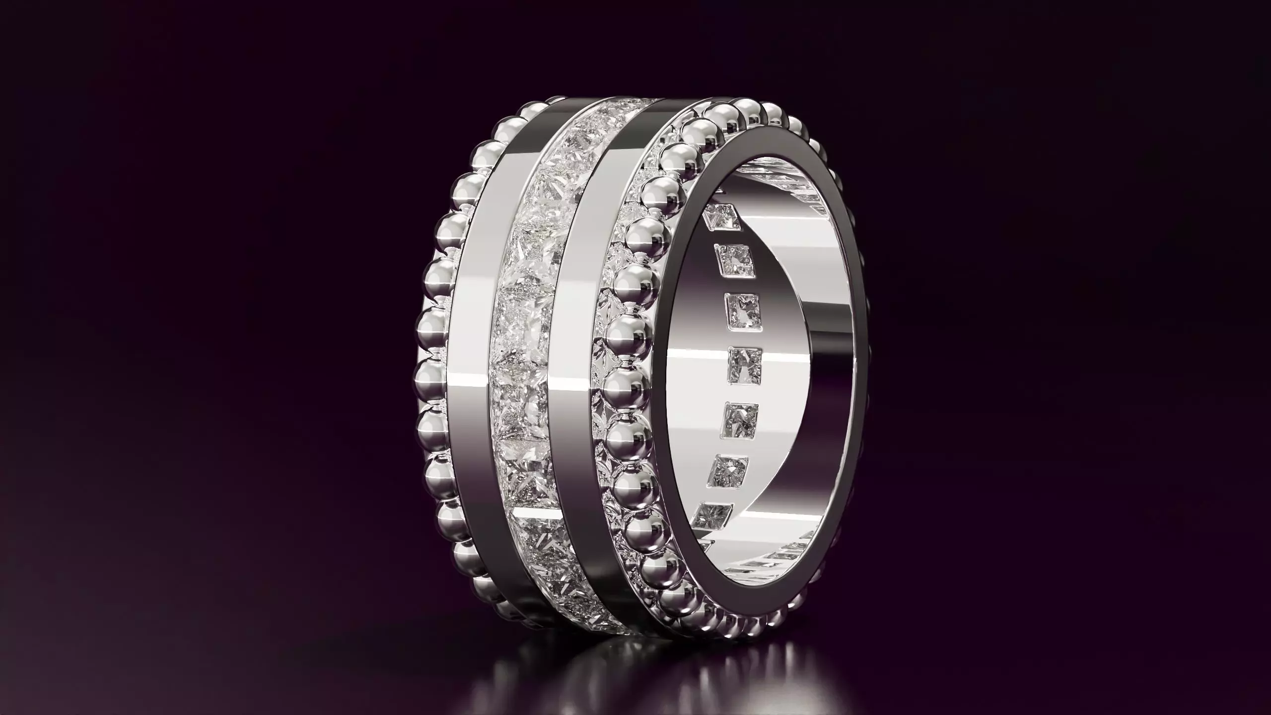 Channel Set Princess cut eternity ring with bead N05 3013CT EU52 3D print model_1