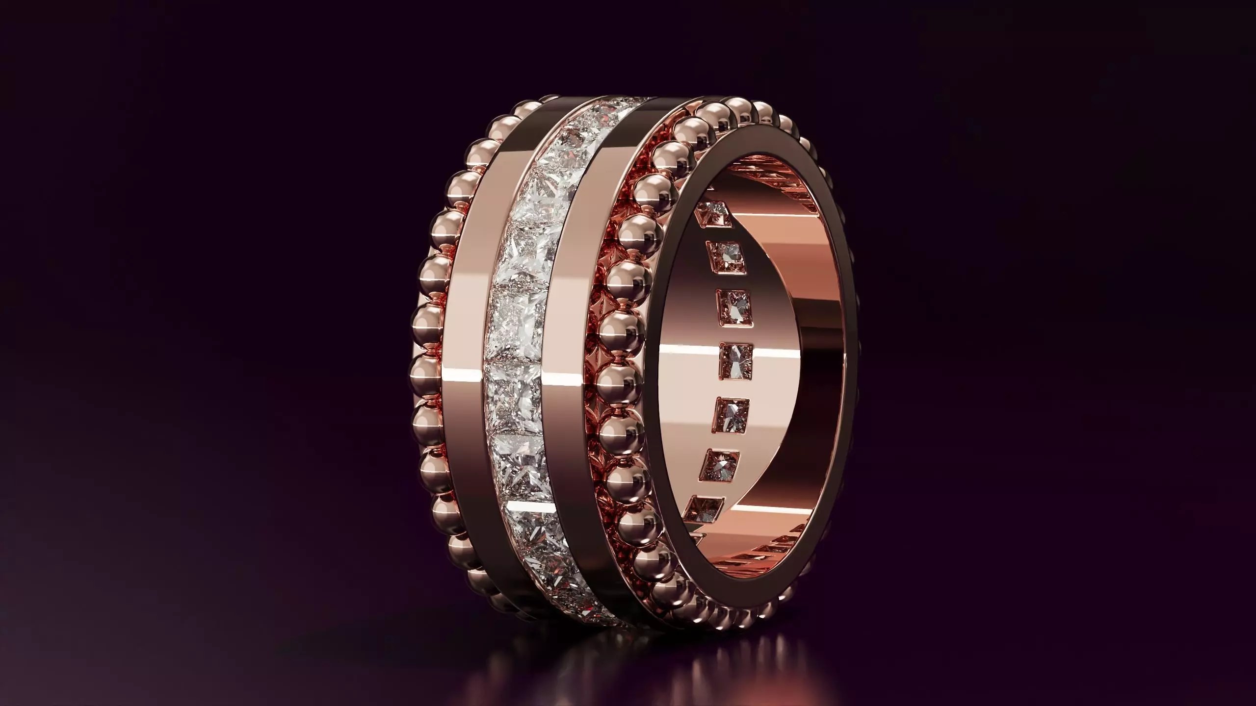 Channel Set Princess cut eternity ring with bead N05 3013CT EU52 3D print model_2