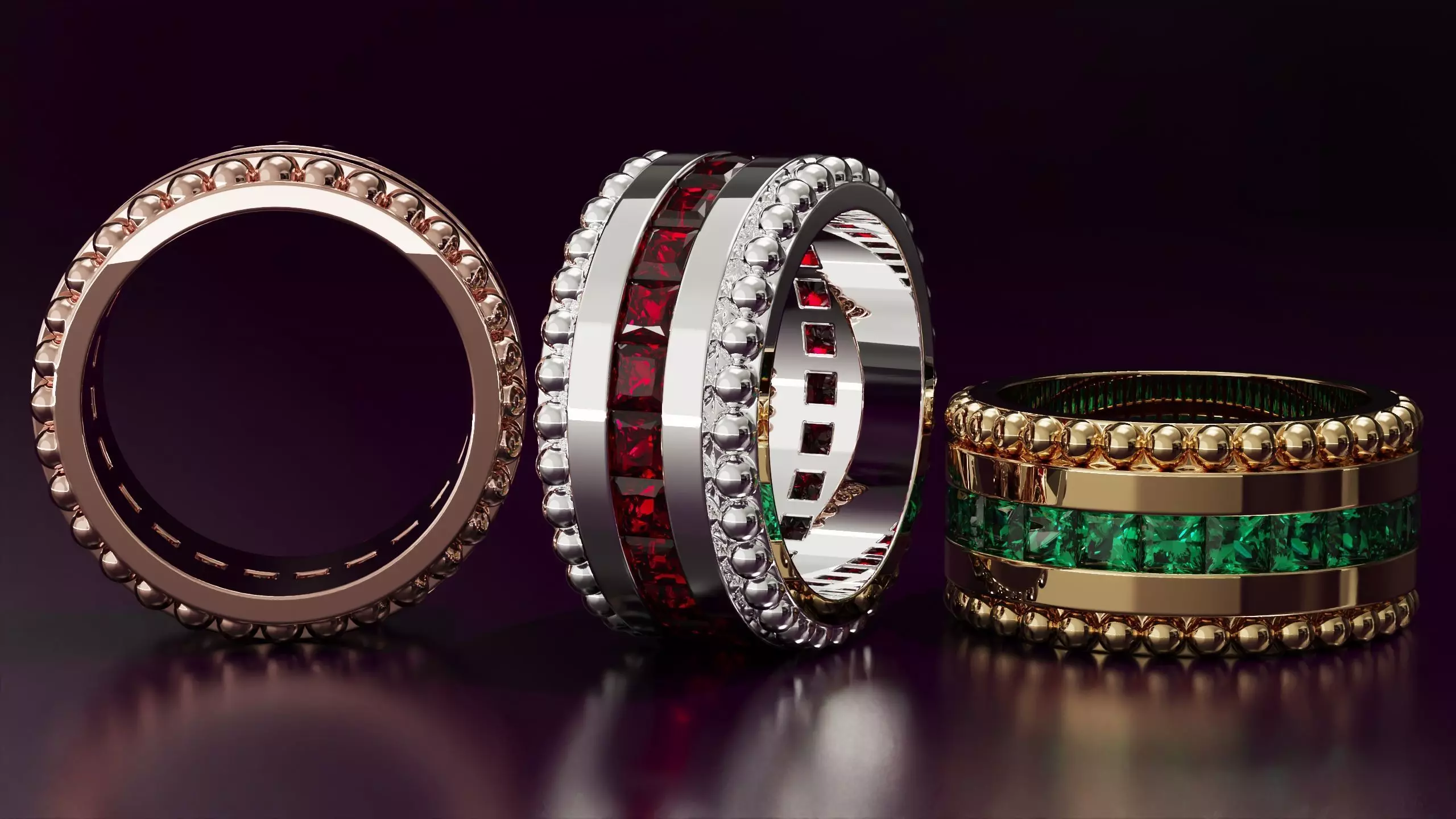 Channel Set Princess cut eternity ring with bead N05 3013CT EU52 3D print model_3