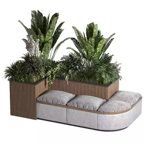 Modular Wooden Bench with Concrete Planter and Plants