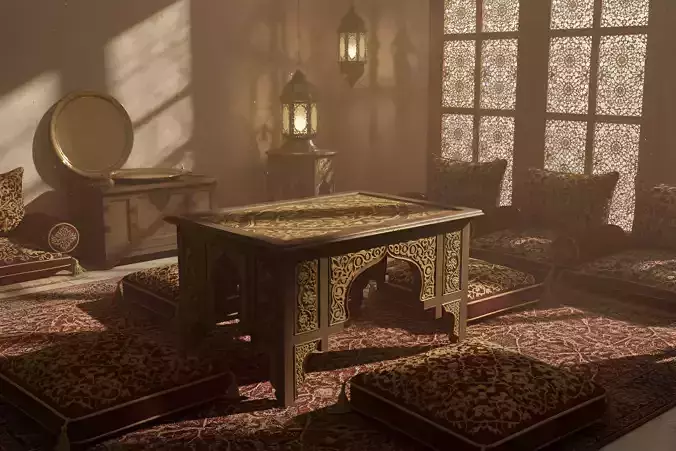 Arabic Wooden Carved Table - Oriental Inlaid Furniture 3D Model