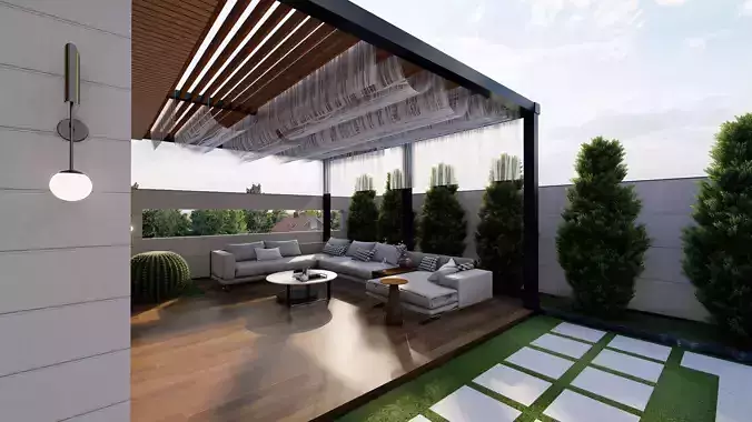 Modern Roof Garden Pergola BBQ Dining Green Space