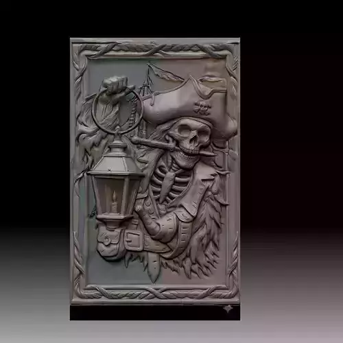 3D wood carving of a pirate skeleton