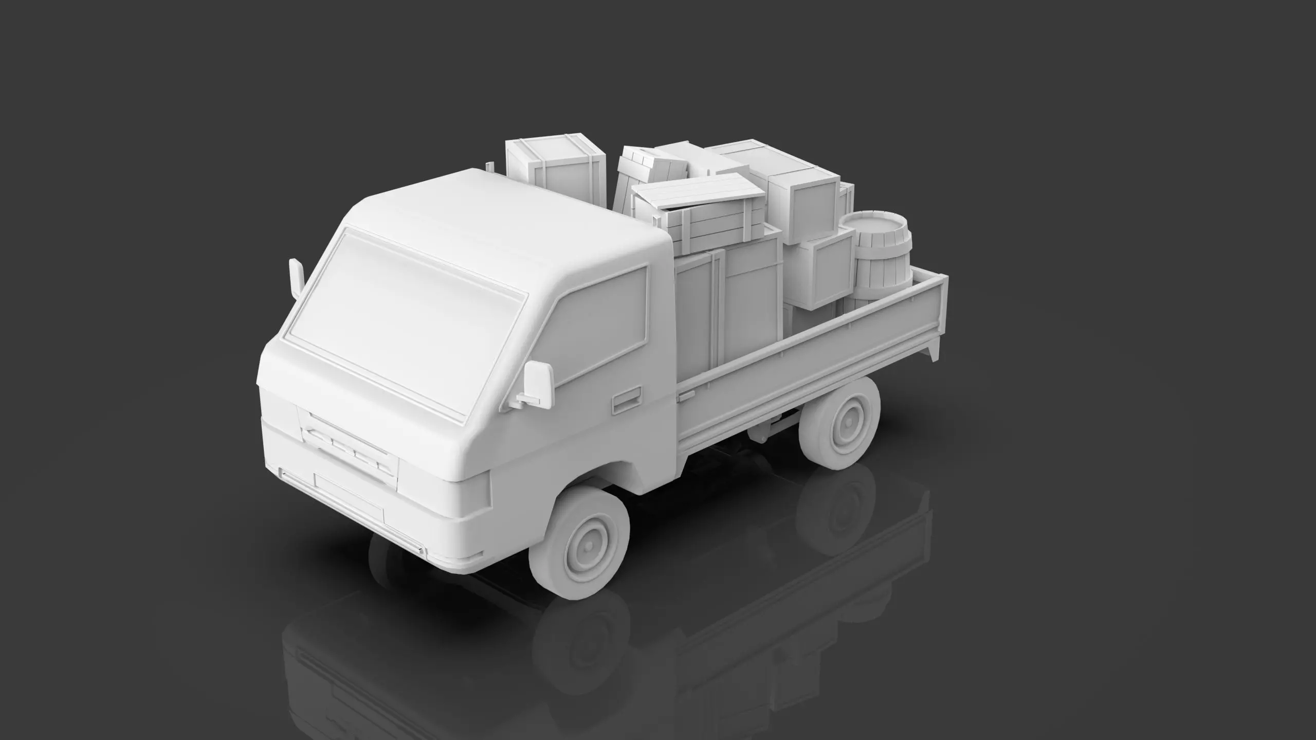 Low Poly Truck With Crates And Barrels - Untextured  Low-poly 3D model_5