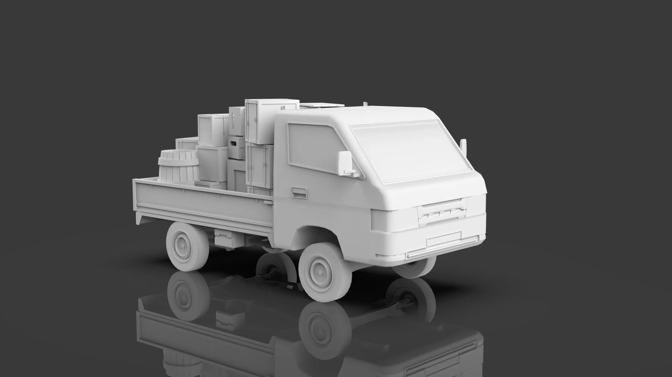Low Poly Truck With Crates And Barrels - Untextured  Low-poly 3D model_2