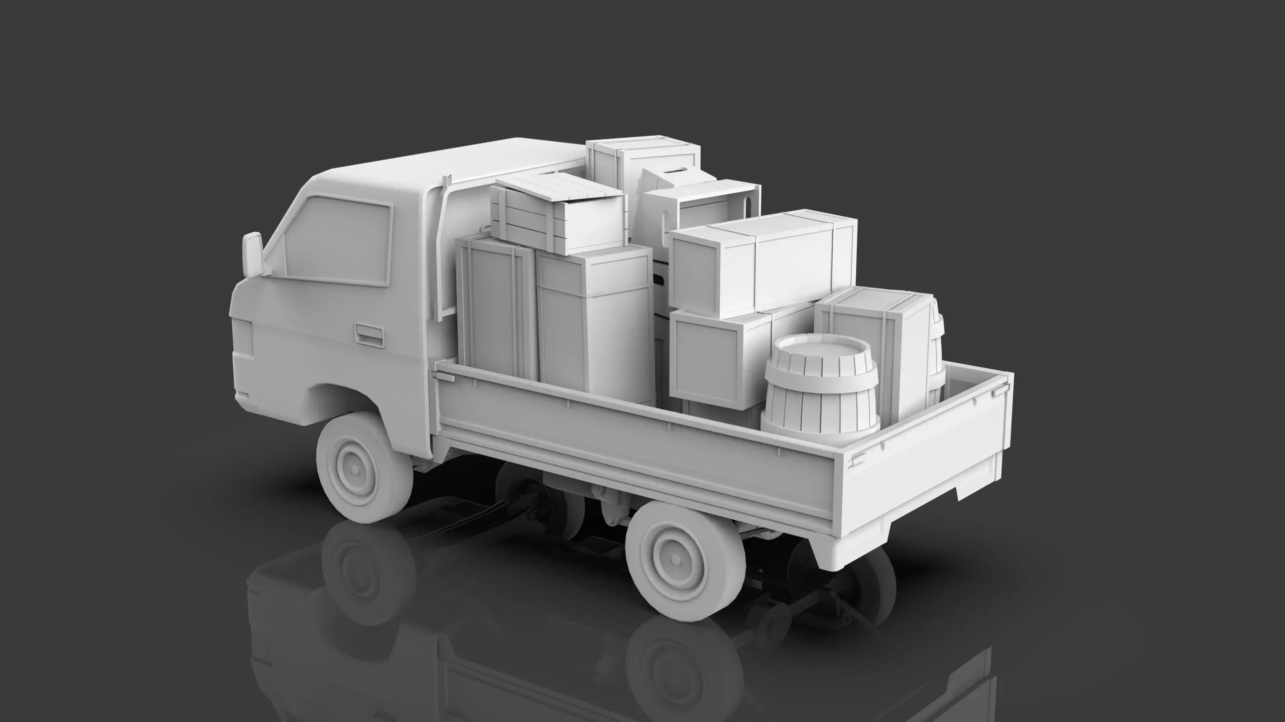 Low Poly Truck With Crates And Barrels - Untextured  Low-poly 3D model_4
