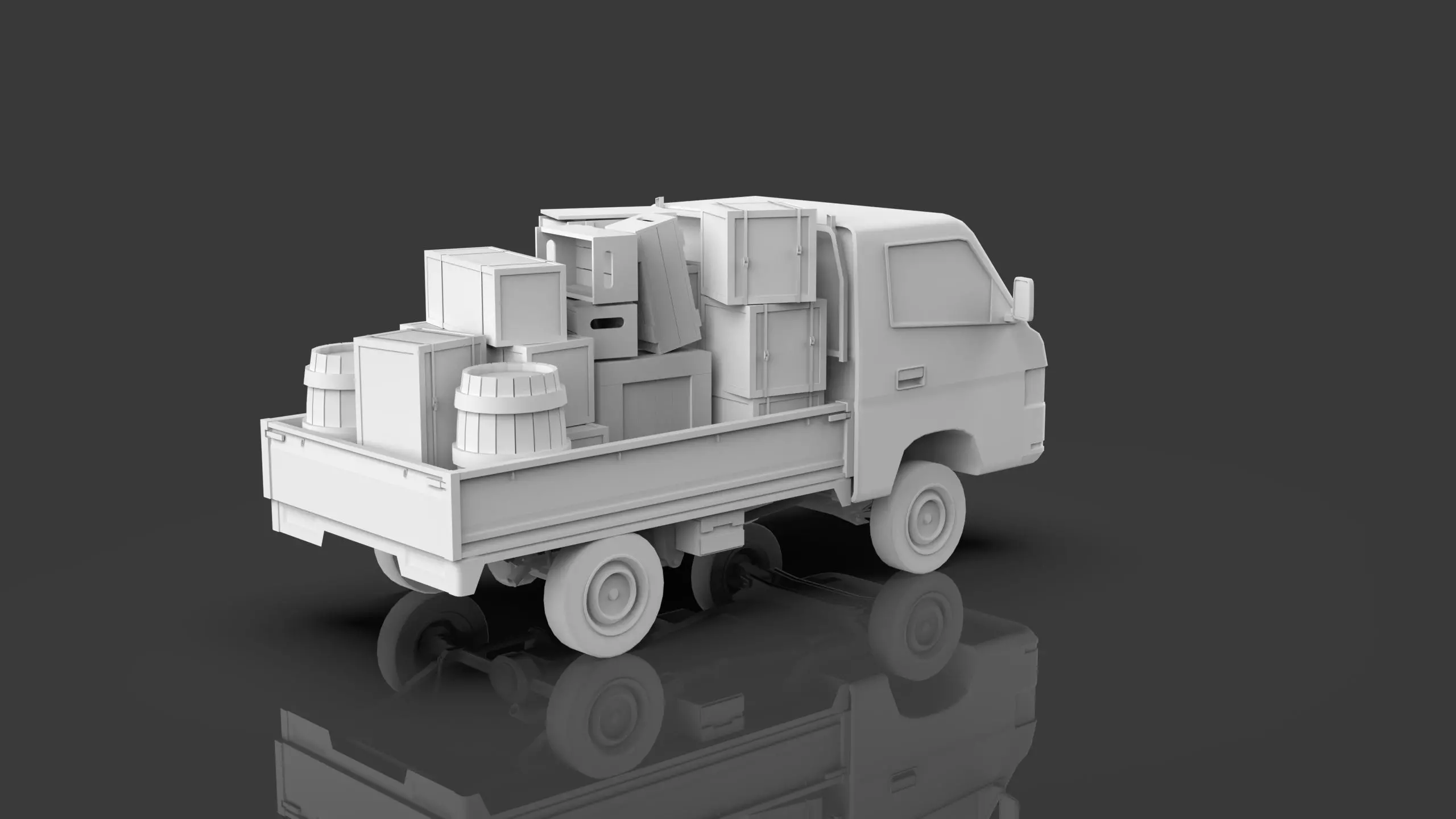 Low Poly Truck With Crates And Barrels - Untextured  Low-poly 3D model_3