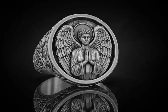 Angel praying byzantine pattern signet ring 3D print model