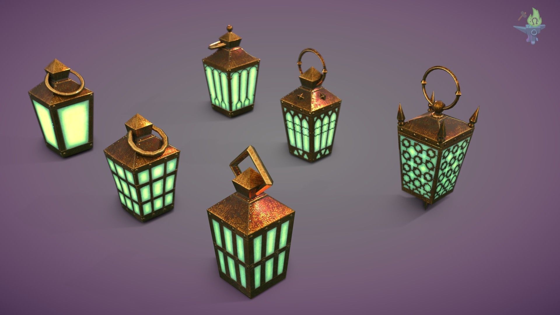 6 Hand Lanterns set Low-poly 3D model_3