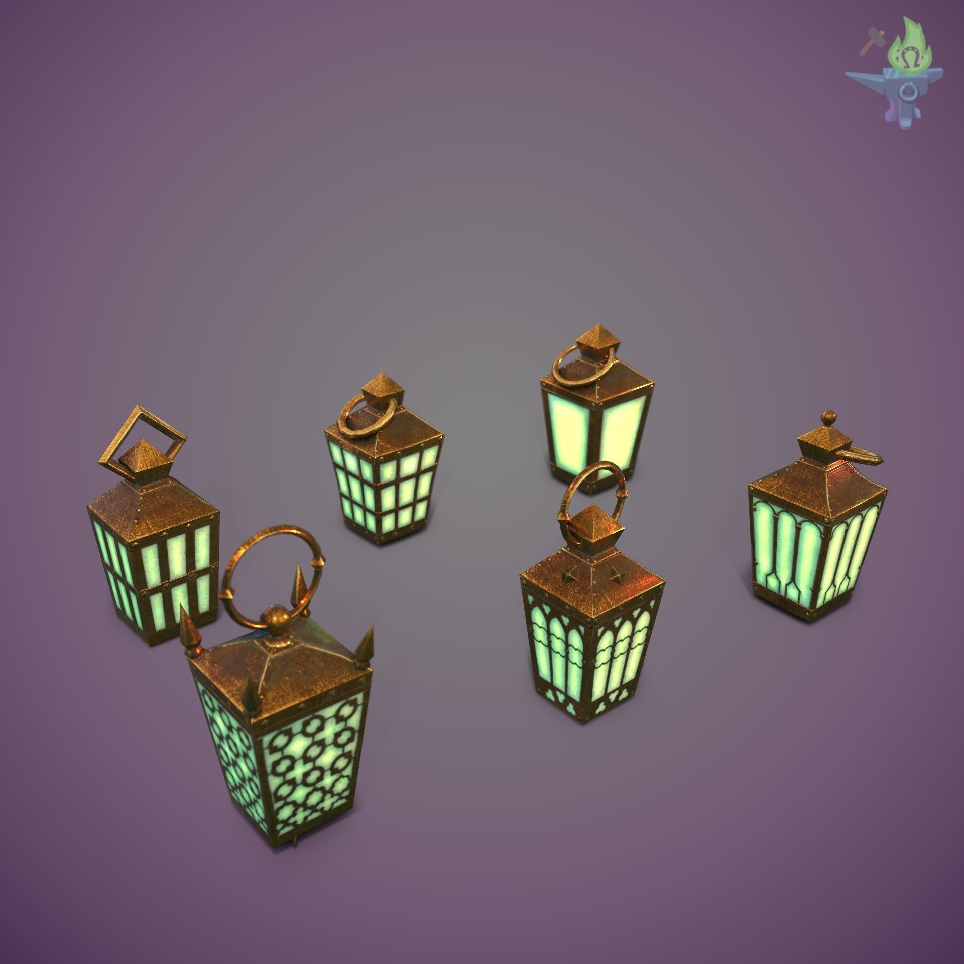 6 Hand Lanterns set Low-poly 3D model_25
