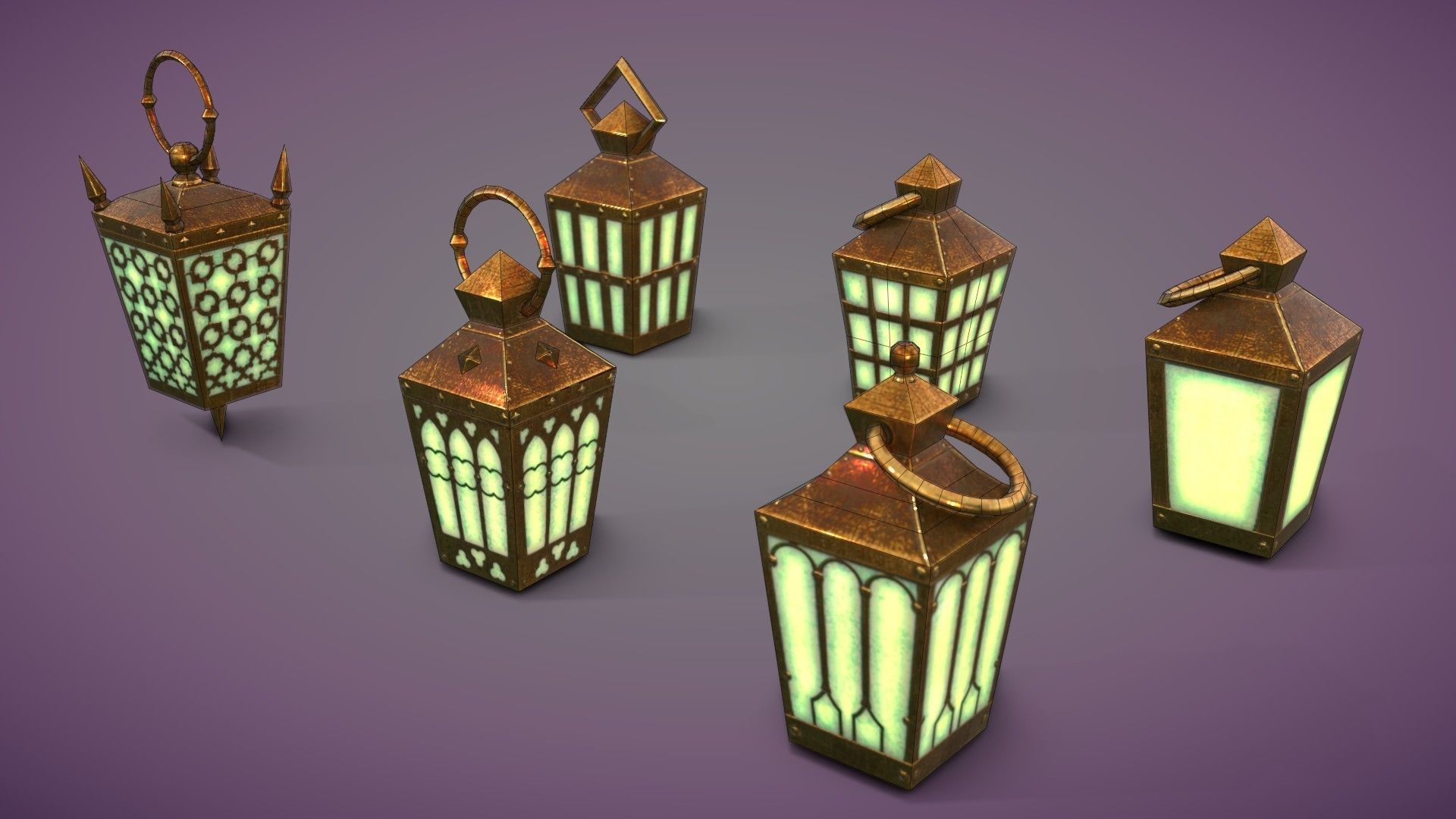 6 Hand Lanterns set Low-poly 3D model_28