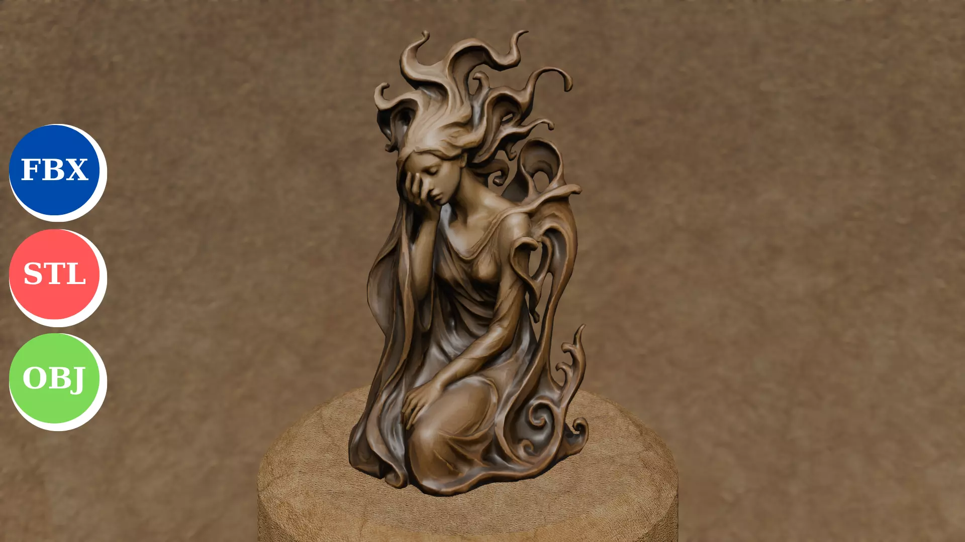 Ethereal Sorrow  3D Fantasy Woman Sculpture 3D print model_2