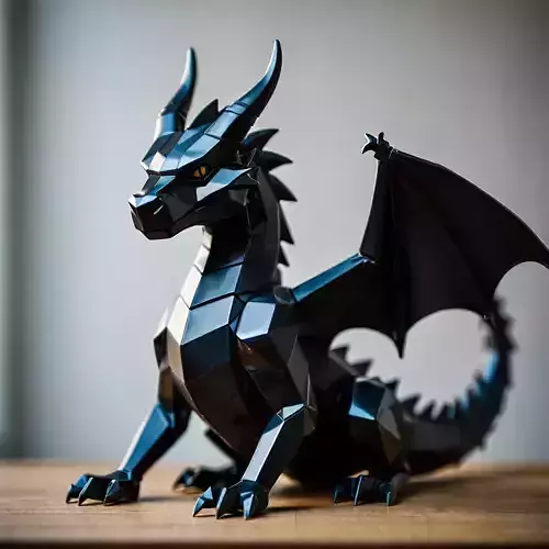 Low Poly Geometric Black Dragon Sculpture