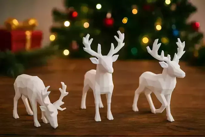 Low Poly Reindeer Set of 3  3D Printable Christmas Deer