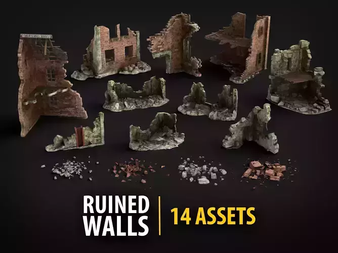 Ruined Brick Concrete Walls Pack - 14 Assets PBR Game Ready 