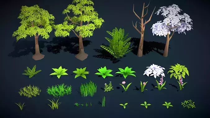 LowPoly Stylized Forest Pack Tree Bush Grass Flowers Collection