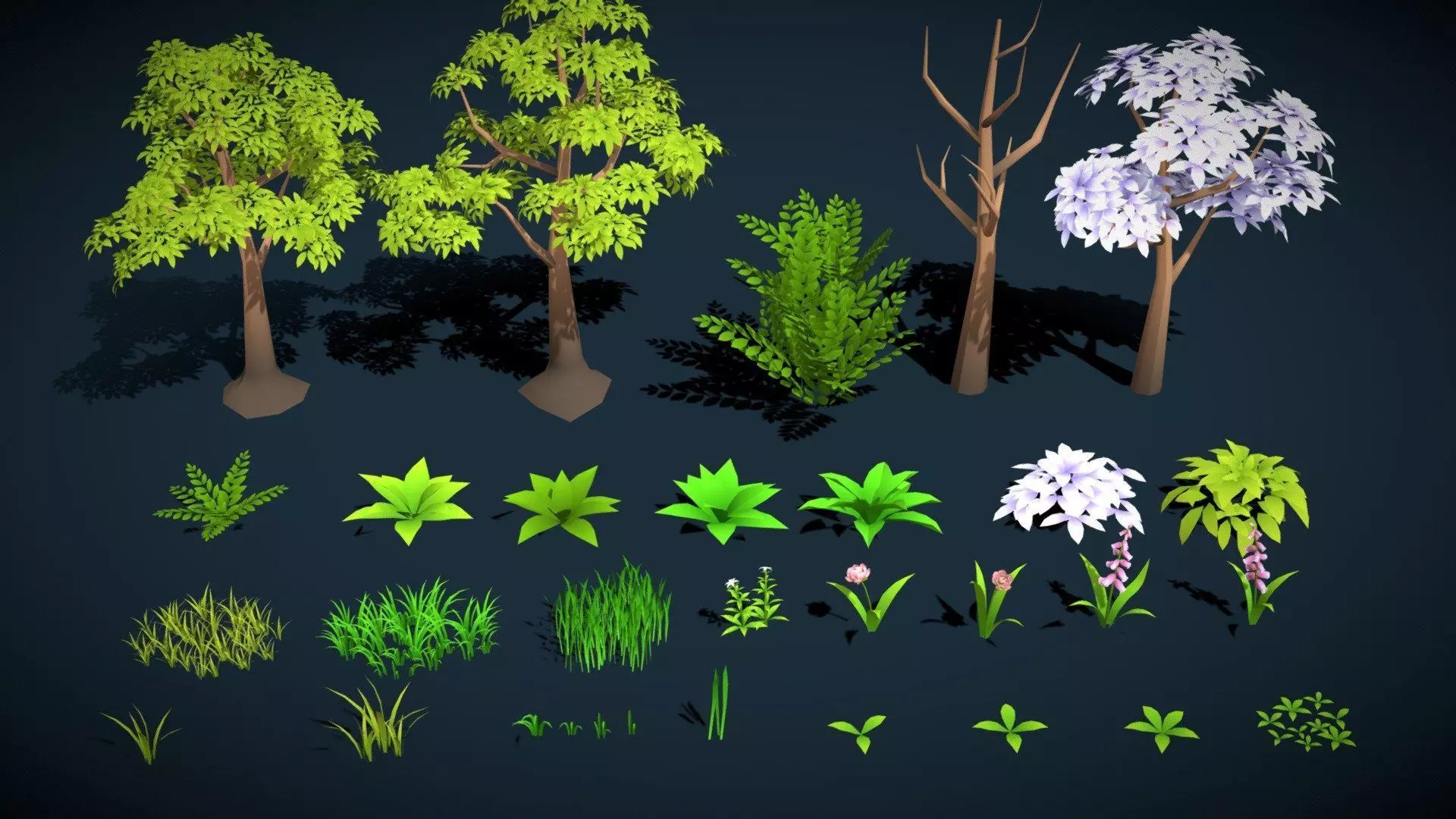 LowPoly Stylized Forest Pack Tree Bush Grass Flowers Collection Low-poly 3D model_0
