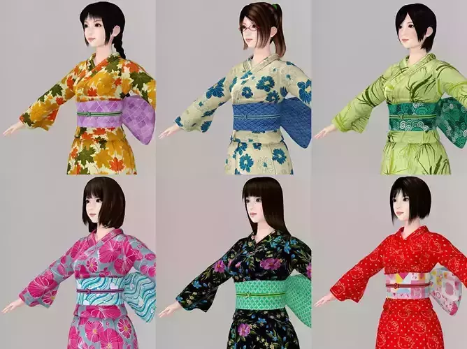 T pose nonrigged model of 6 girls in kimono