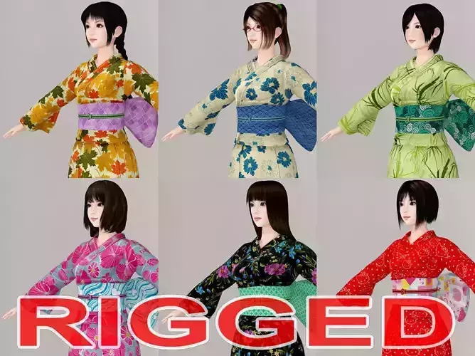 T pose rigged model of 6 girls in kimono 3D model