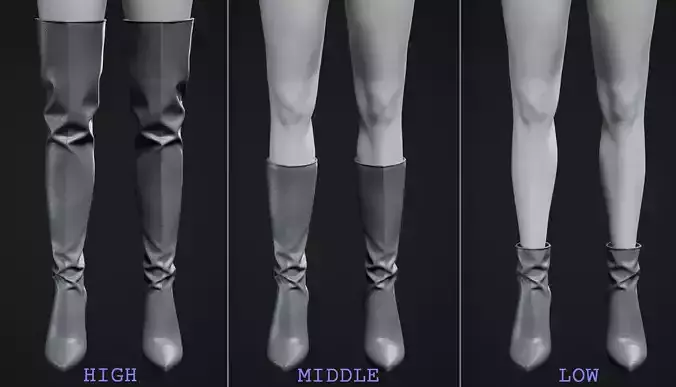 Woman sexy high low middle heel boots highpoly mesh