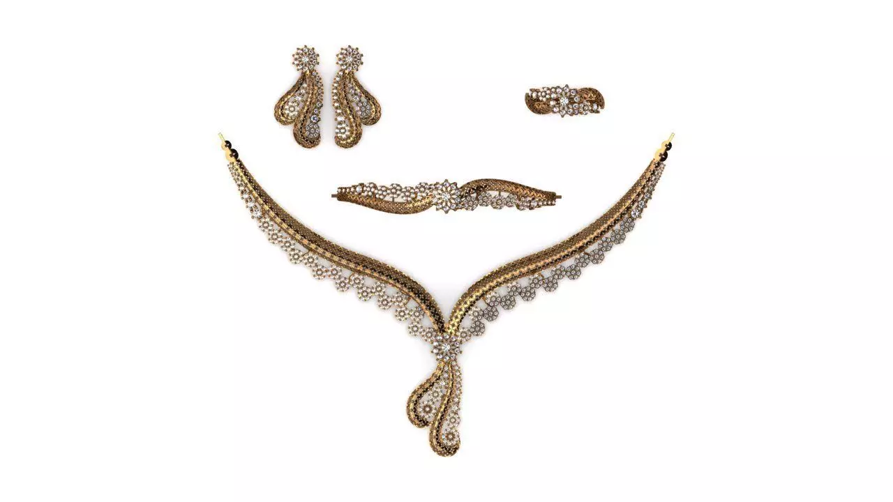 Special Design Gold Diamond Sets Necklace Bracelet Ring Earring 3D print model_0