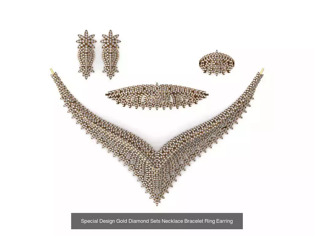 Special Design Gold Diamond Sets Necklace Bracelet Ring Earring 3D Model Collection_14